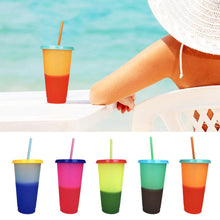 Load image into Gallery viewer, 5pcs Plastic Reusable Color Changing Cup with Straw Lids Brush Ice Coffee Cup Mugs Water Bottle Set Party Travel Xmas Gift 700ml
