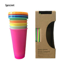 Load image into Gallery viewer, 5pcs Plastic Reusable Color Changing Cup with Straw Lids Brush Ice Coffee Cup Mugs Water Bottle Set Party Travel Xmas Gift 700ml
